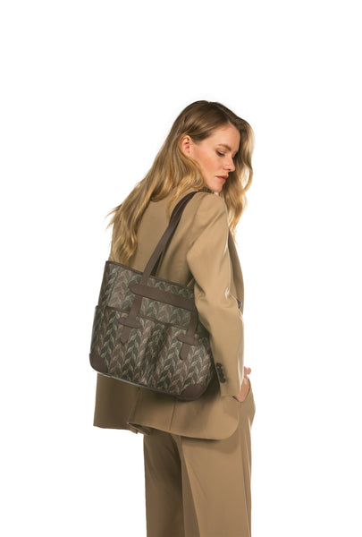 LEAF MONOGRAM POCKET TOTE - BROWN