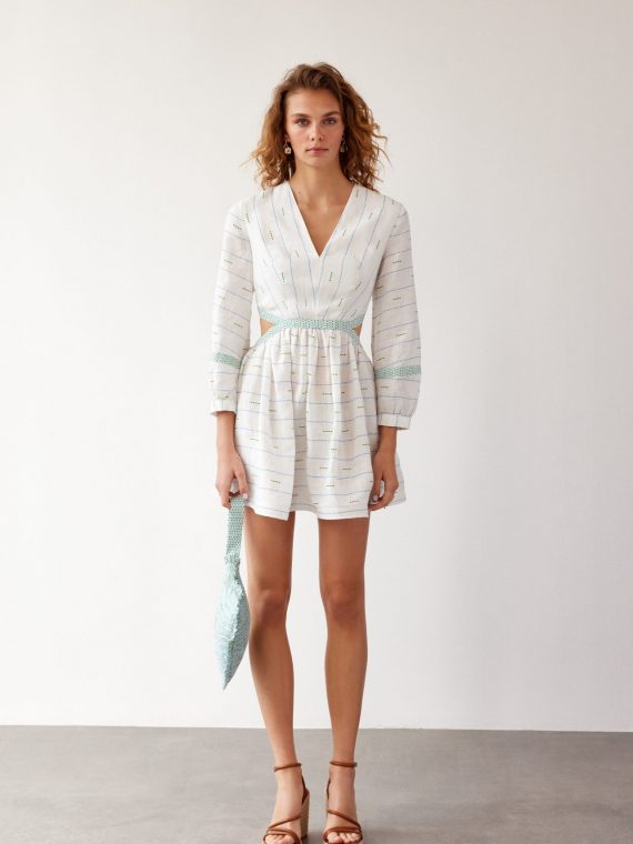 ESTELLA – Beyaz Geometrik Desenli Mini Keten Elbise