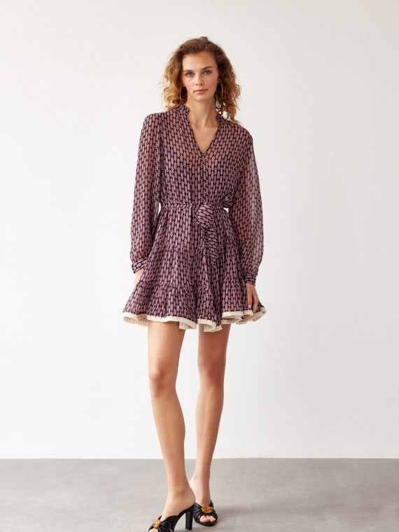 PANSY – Bordo Etnik Desenli Viskos Mini Elbise