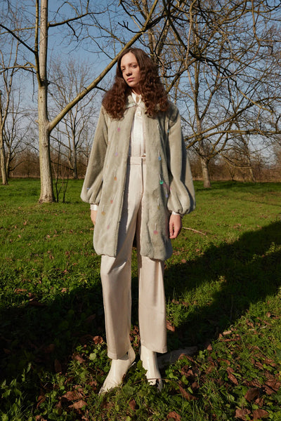 Aurora Payetli Su Yeşili Suni Kürk Kaban