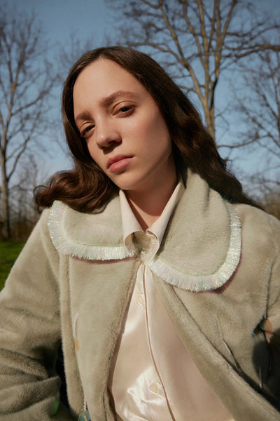 Aurora Payetli Su Yeşili Suni Kürk Kaban