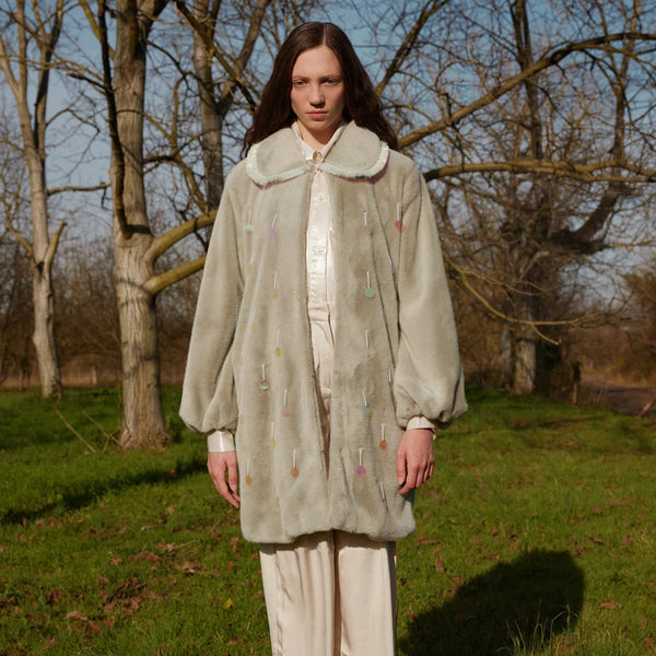 Aurora Payetli Su Yeşili Suni Kürk Kaban