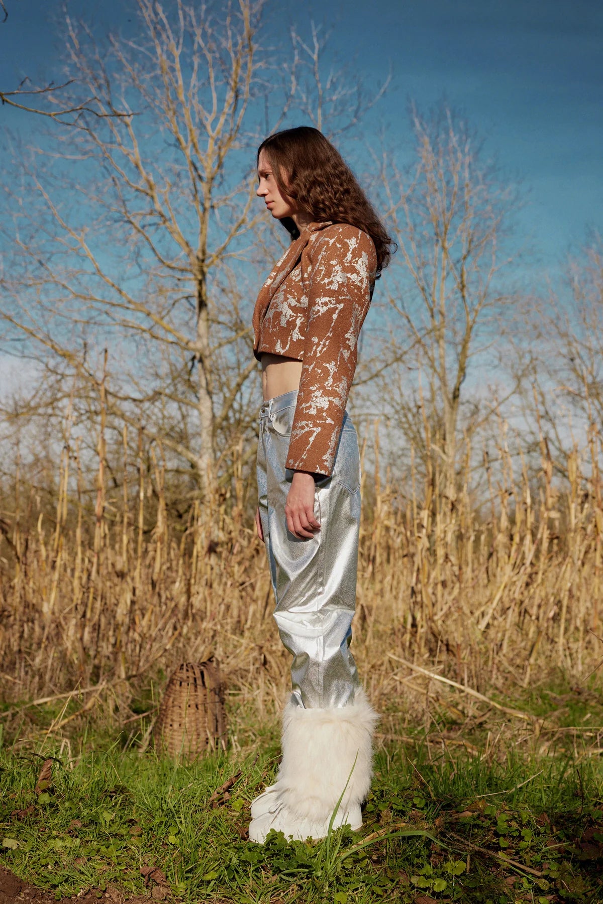 Galaxy Metalik & Kahve Crop Blazer Ceket