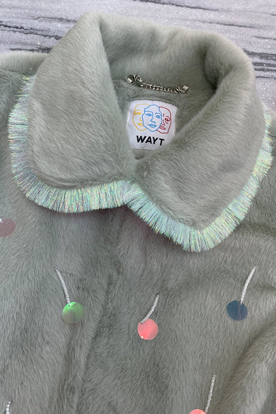 Aurora Payetli Su Yeşili Suni Kürk Kaban