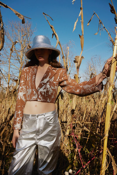 Galaxy Metalik & Kahve Crop Blazer Ceket